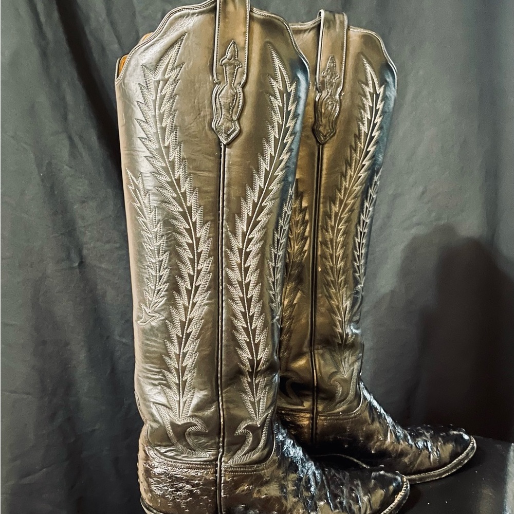 AMMONS Tall Exotic Ostrich/Leather Women’s Black Leather Cowboy Boots - Picture 3 of 6